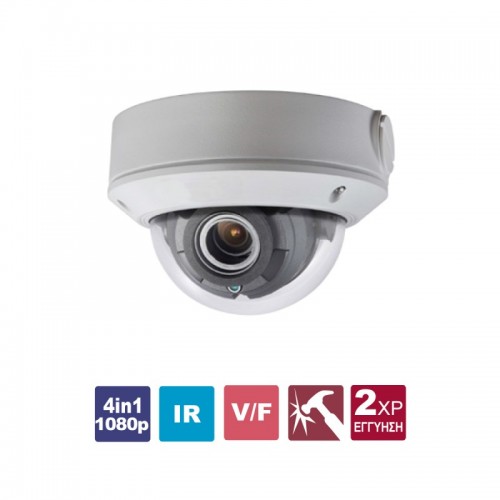 DS-2CE5AD0T-VPIT3F Κάμερα Dome 4in1 1080p, με επιλεγόμενη έξοδο HDTVI/CVI/AHD/CVBS, εξωτερικού χώρου