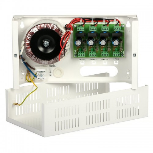 PSCU04344SEP Επίτοιχο τροφοδοτικό με 4 γαλβανικά απομονωμένες εξόδους 34 VDC, προστατευμένες με χωριστές ασφάλειες τήξεως 1 A, για οδήγηση ως ισάριθμων μετατροπέων DCDC15H. (Π×Β×Υ) 270×(80+8)×154 mm