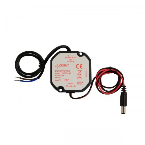 DCDC15H Μετατροπέας τροφοδοσίας (step down dc/dc switching converter) από 18~40VDC σε 12 VDC, μέγιστο ρεύμα εξόδου 1.5 A στους 30?C ή 1 A στους 40?C, στεγανό IP67 περίβλημα (Π?Β?Υ) 58?58?28 mm.